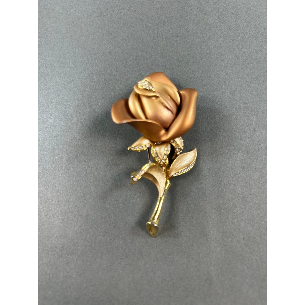 Vintage Gold Tone Matte Satin Rose Flower Brooch Rhinestone Accent‎ Floral Pin